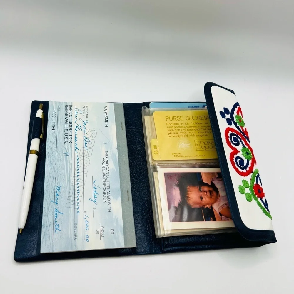 Vintage Shaker Square Embroidered Checkbook Wallet Navy Vinyl NOS